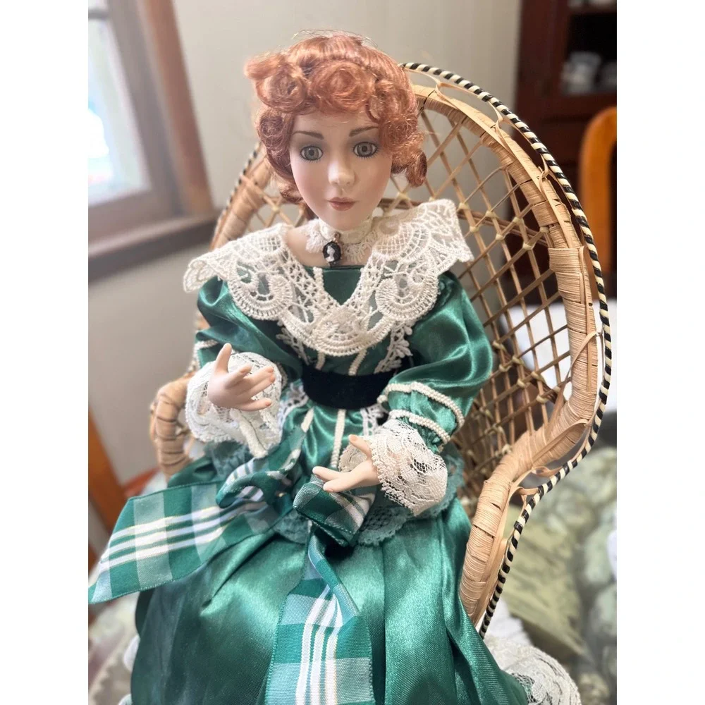 Victorian Porcelain Doll Emerald Green Lace Dress Wicker Peacock Chair 16in